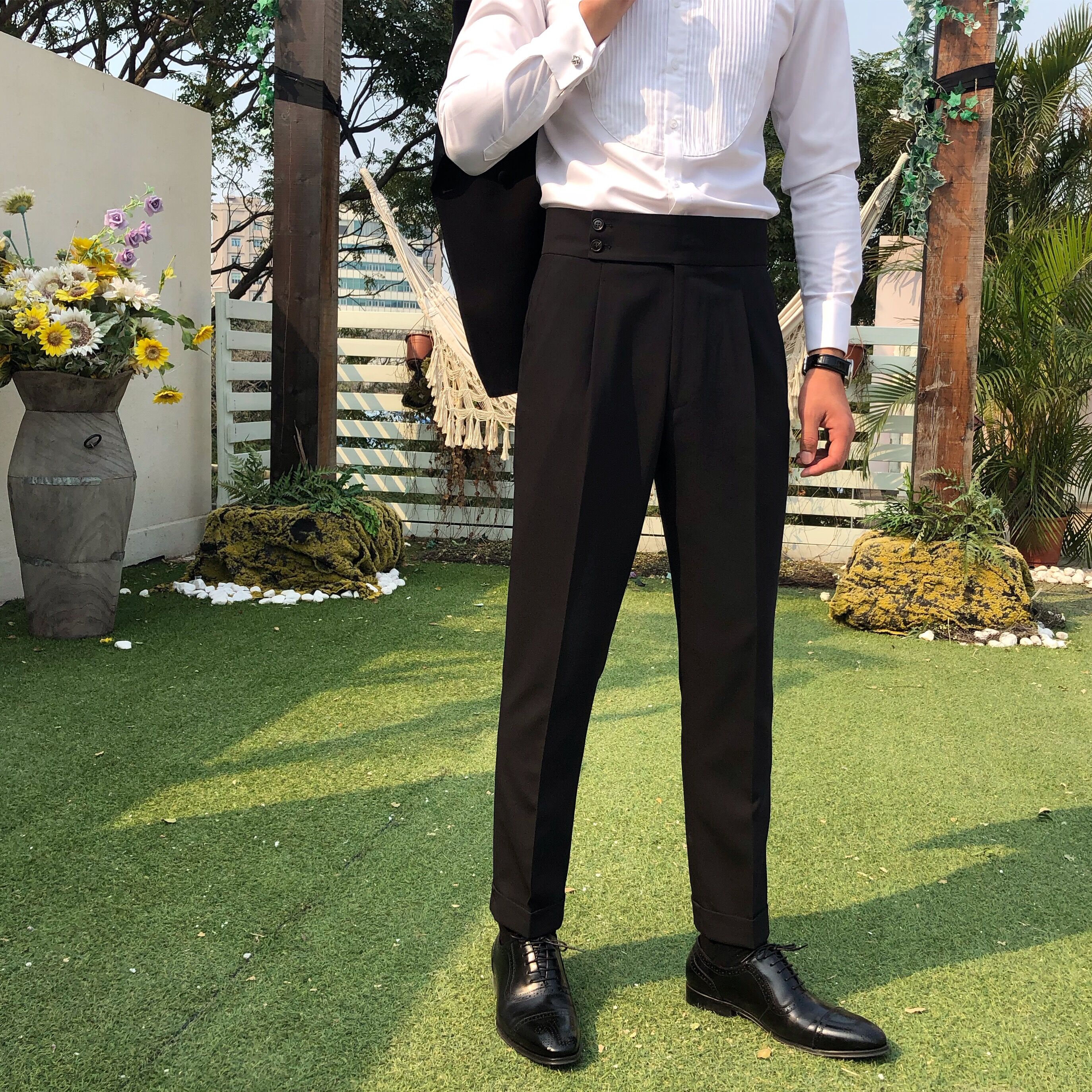 鹿三先生自制春季韩版轻奢高腰休闲裤纯色英伦修身礼服折边长裤子