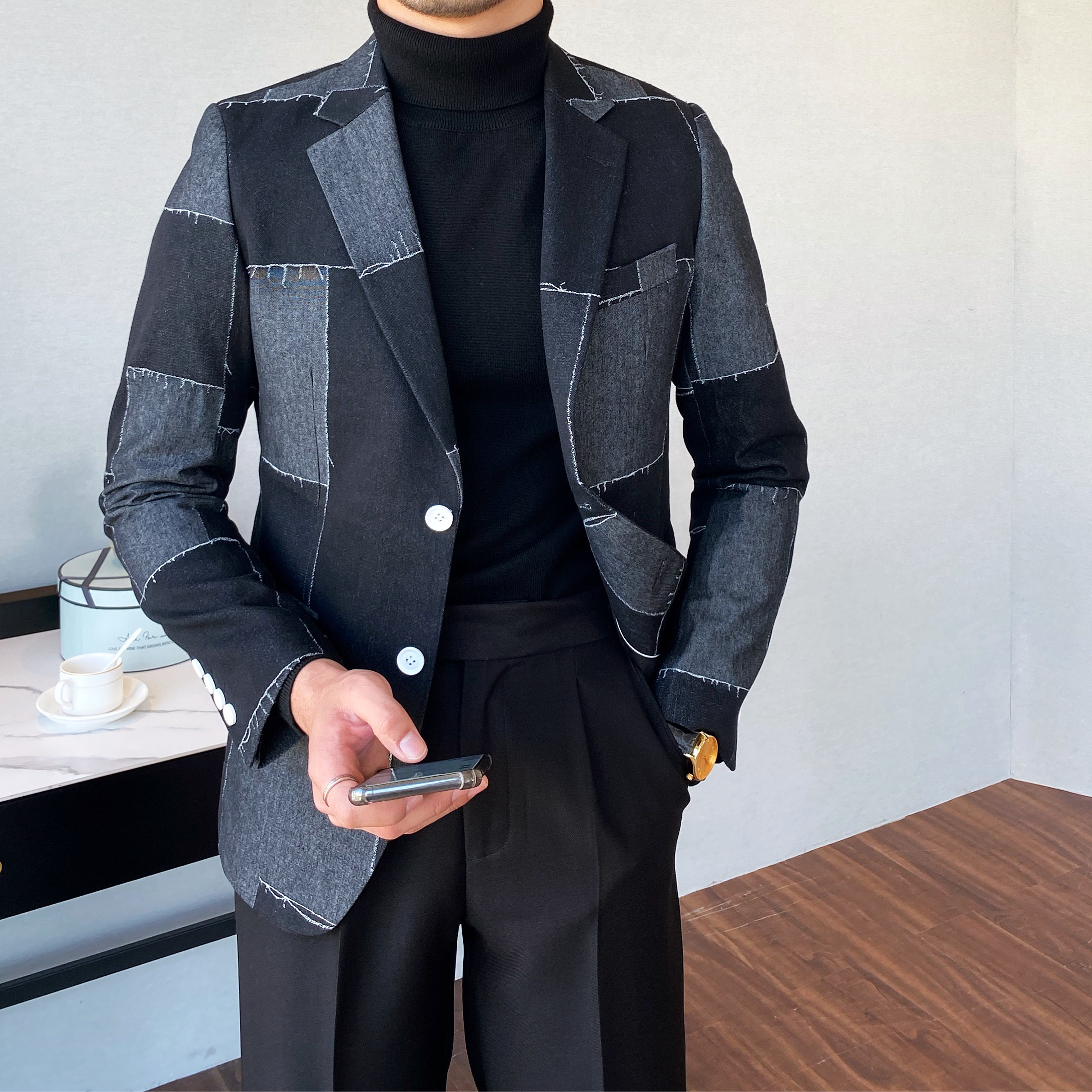 鹿三先生韩版拼接牛仔西装修身外套男士韩版休闲日系拼料小西服男