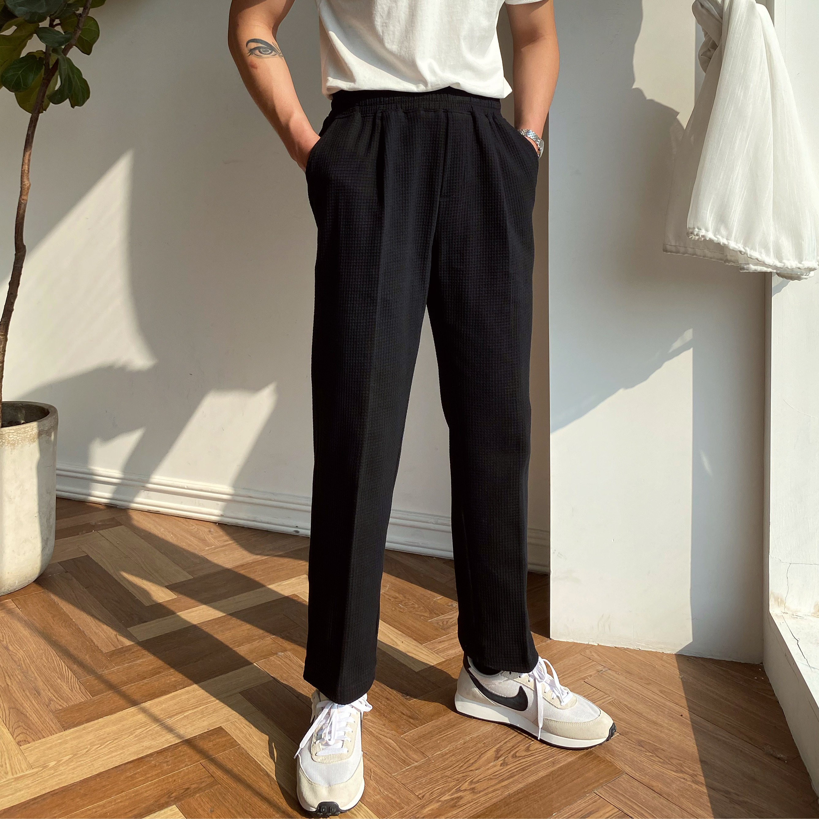 阔腿直筒长裤松紧高松紧三先生华夫格春夏休闲裤男休闲裤