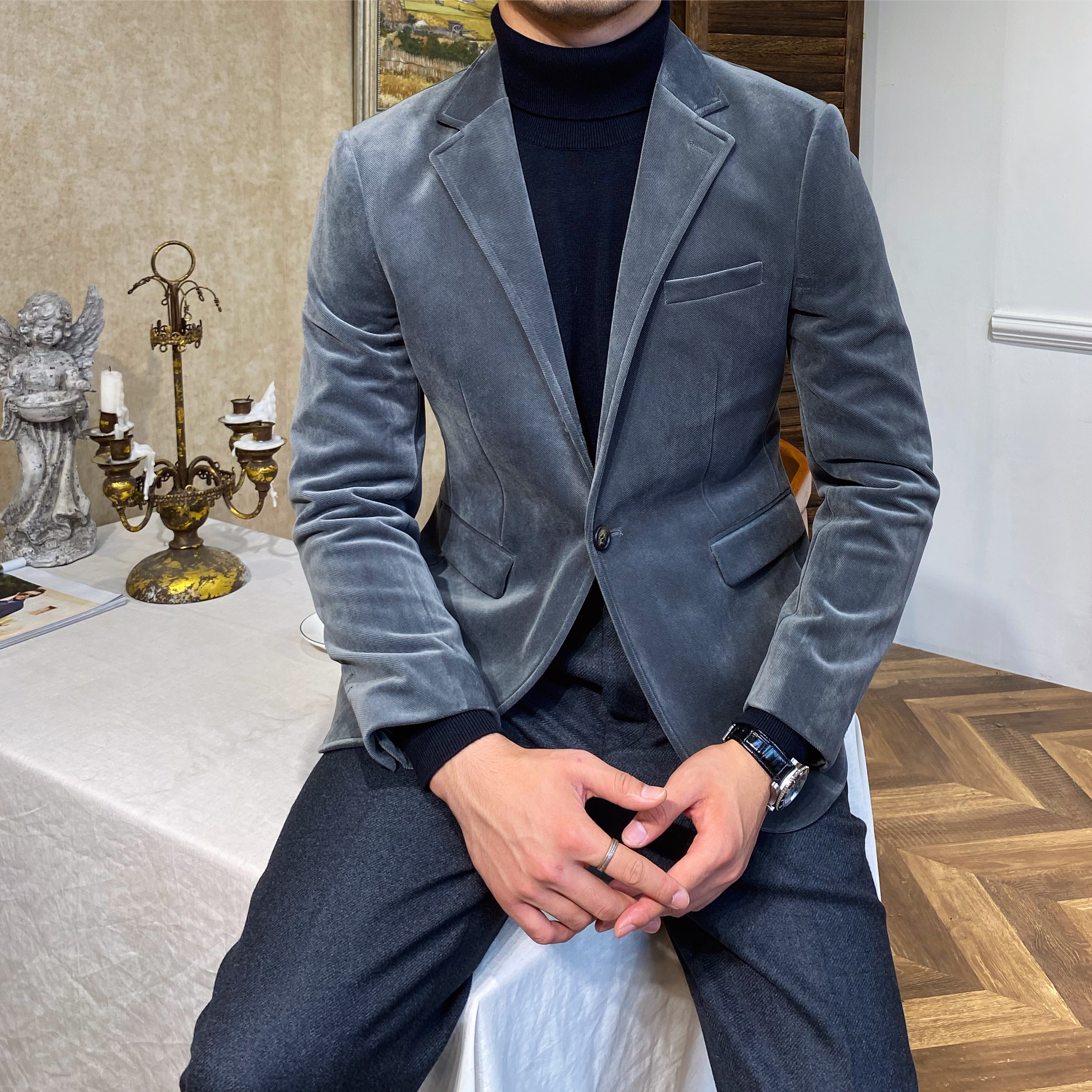 鹿三先生秋冬英伦风麂皮反绒修身小西装外套男士韩版休闲西服潮男