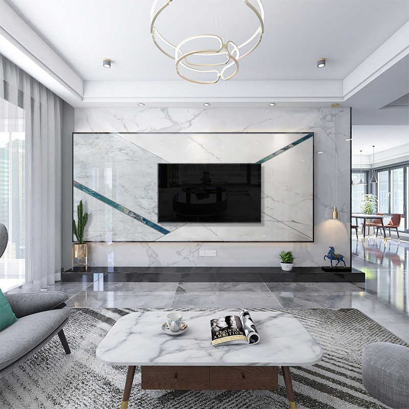 悬空大理石电视背景墙客厅岩板瓷砖轻奢悬浮造型瓷砖背景墙