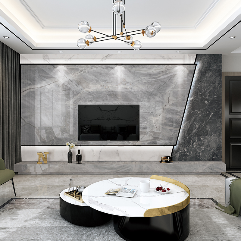 现代简约客厅电视背景墙瓷砖微晶晶石轻奢大理石岩板瓷砖背景墙