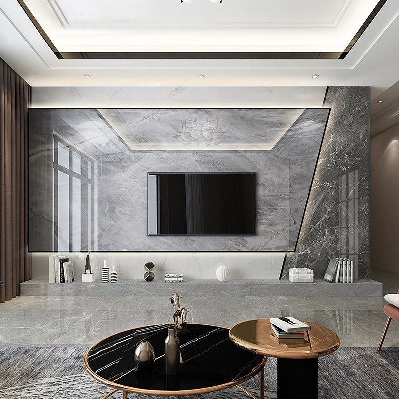 大理石石材电视背景墙瓷砖轻奢风客厅地台现代简约悬空岩板影视墙