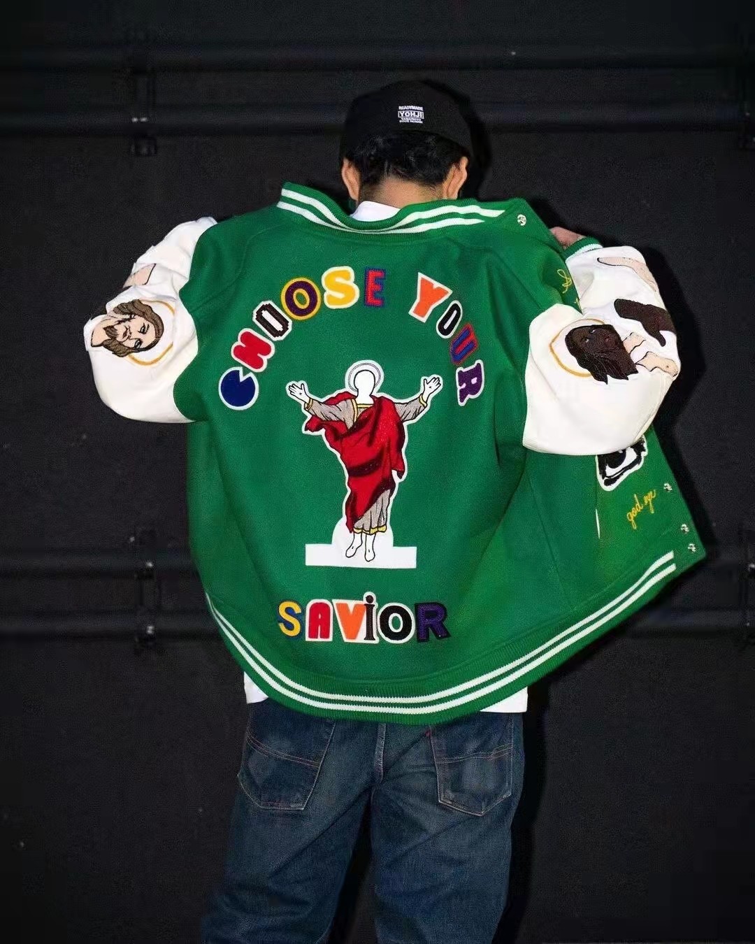 肆橘saintmichael毛呢刺绣牛皮长袖宽松休闲棒球夹克