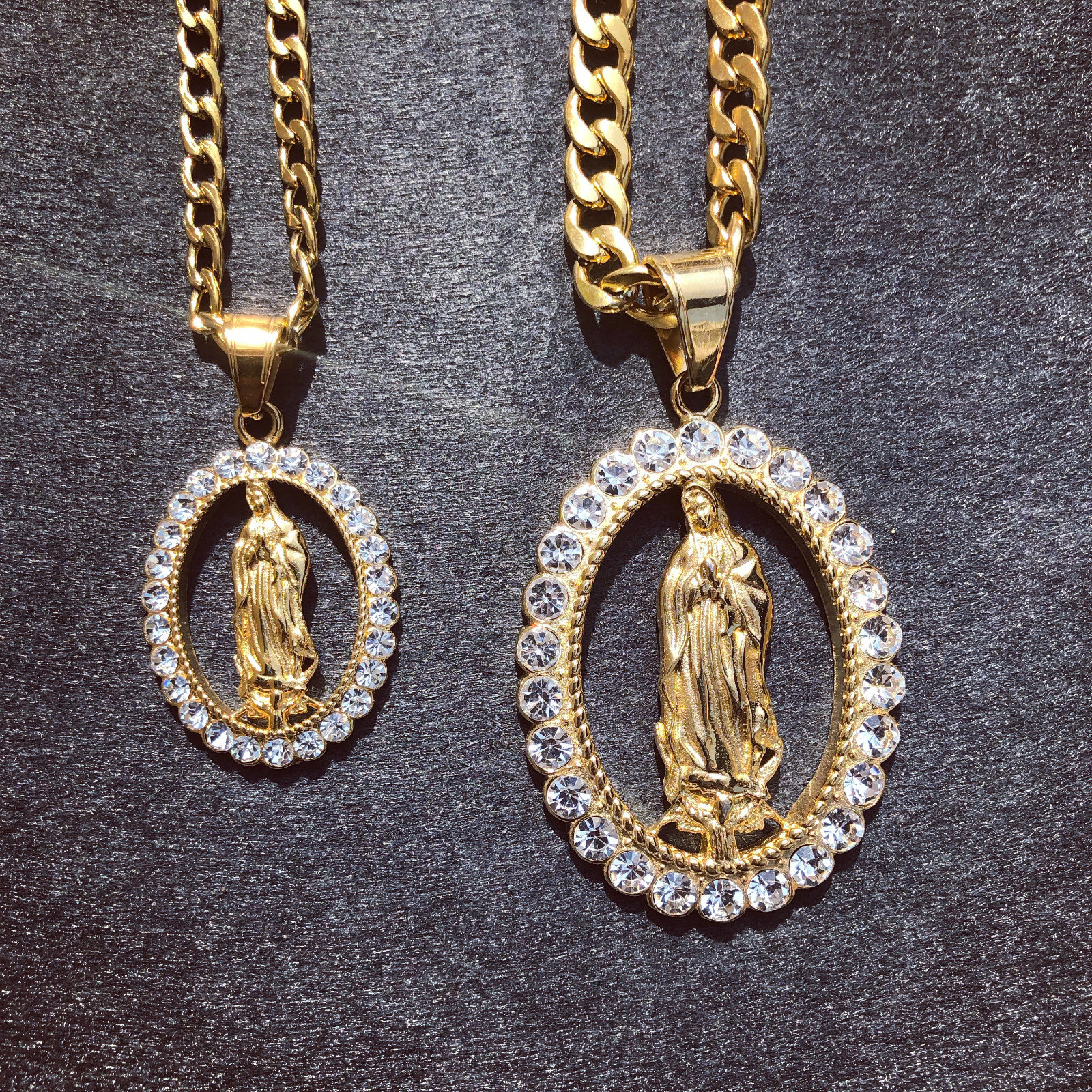 goldplatedguadalupenecklace钛钢镶钻圣母吊坠男女嘻哈项链