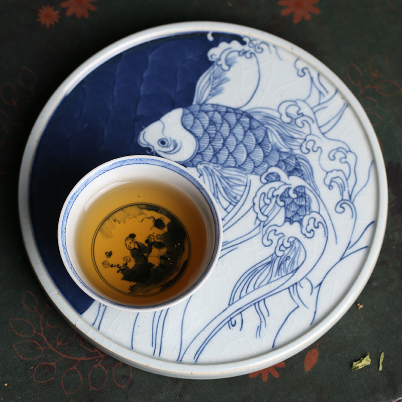 景德镇设计师手绘复古青花锦鲤圆壶承开片赏盘陶瓷茶道