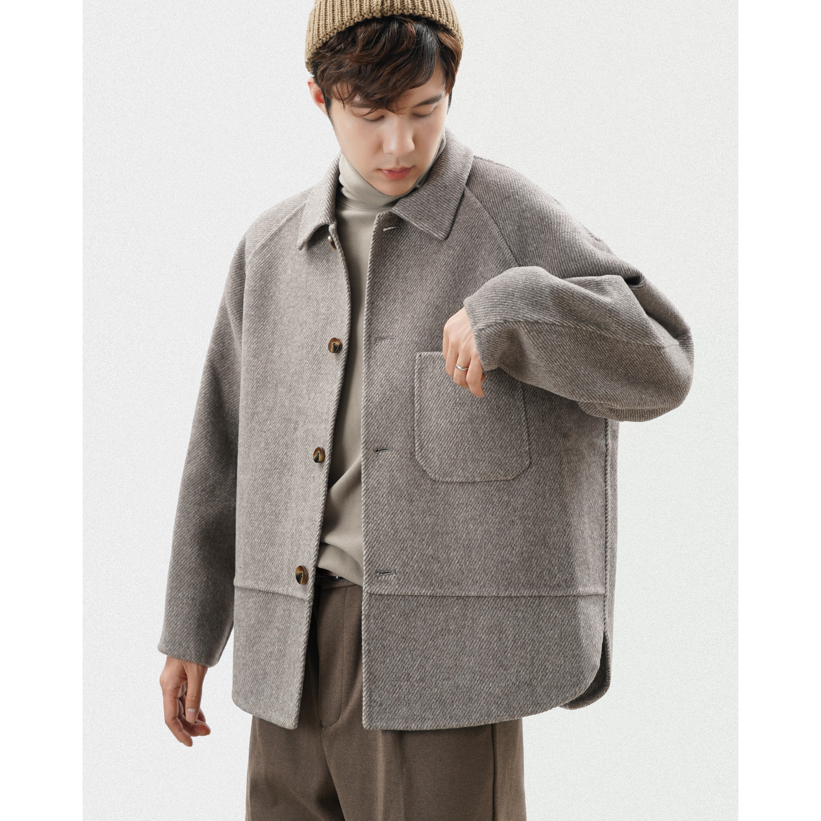 廓形毛呢大衣短款双面呢轻奢复古斜纹男士秋冬羊毛呢衬衫夹克外套