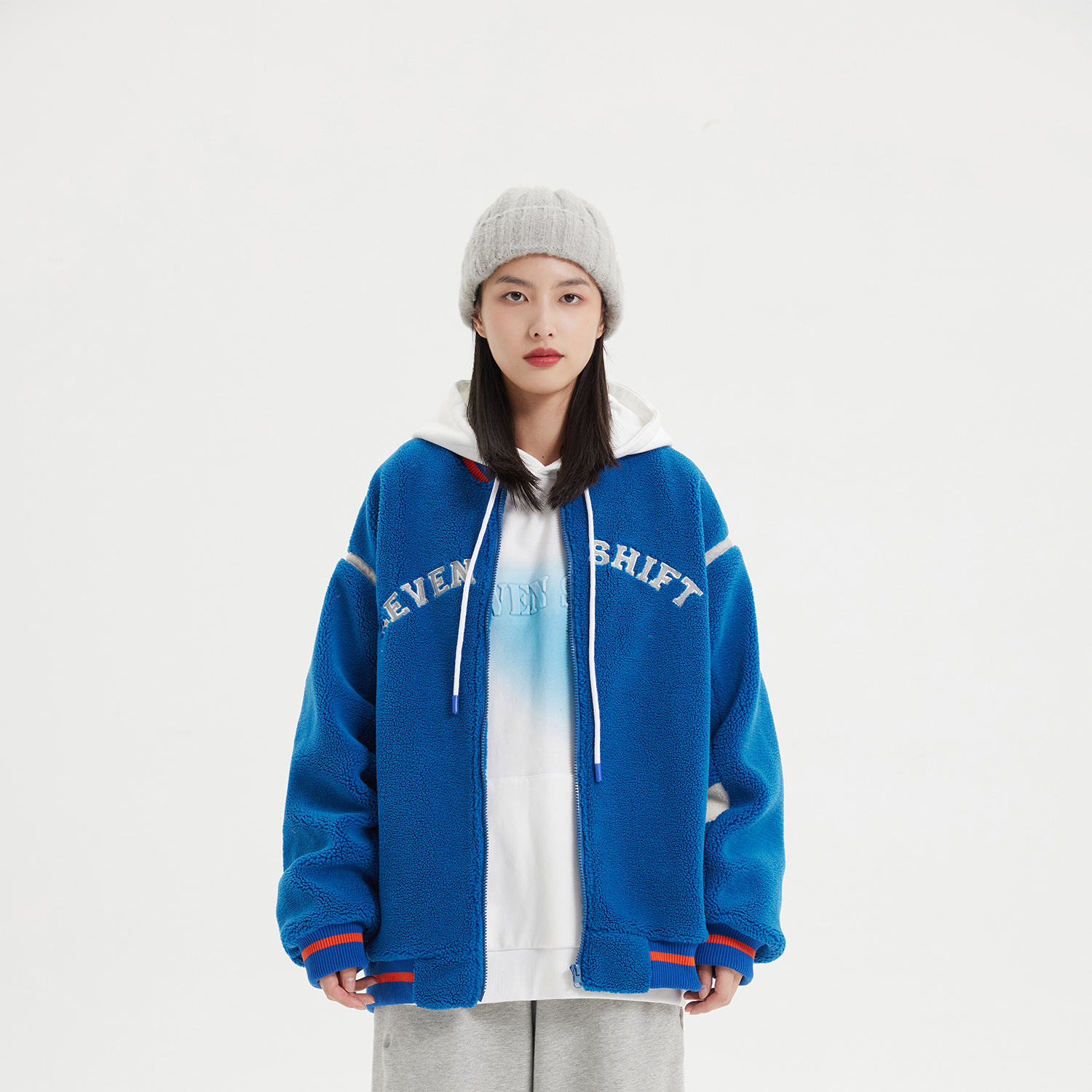 7SHIFT/21AW 潮牌原创蓝白拼接羊羔毛外套宽松情侣羊毛绒棉外衣女