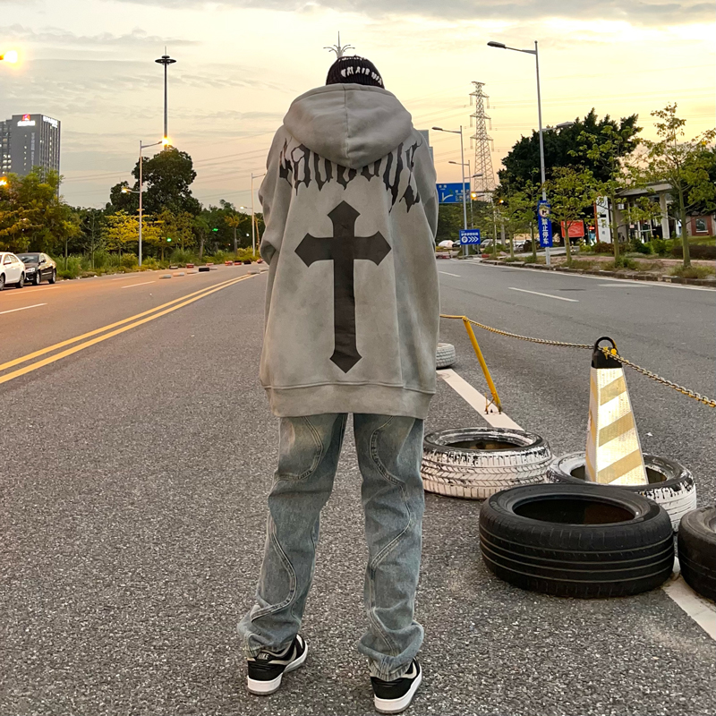 JEM美式街头做旧连帽卫衣女加绒加厚潮ins欧美高街设计感小众外套