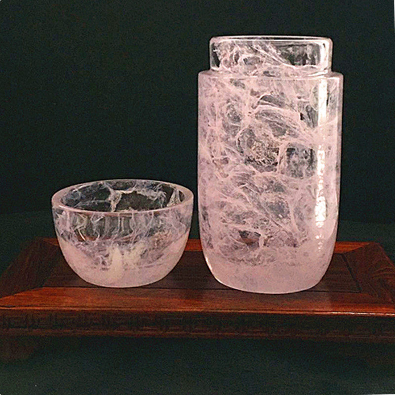 原矿天然石材水晶杯直筒圆形带盖泡茶杯子高档茶杯