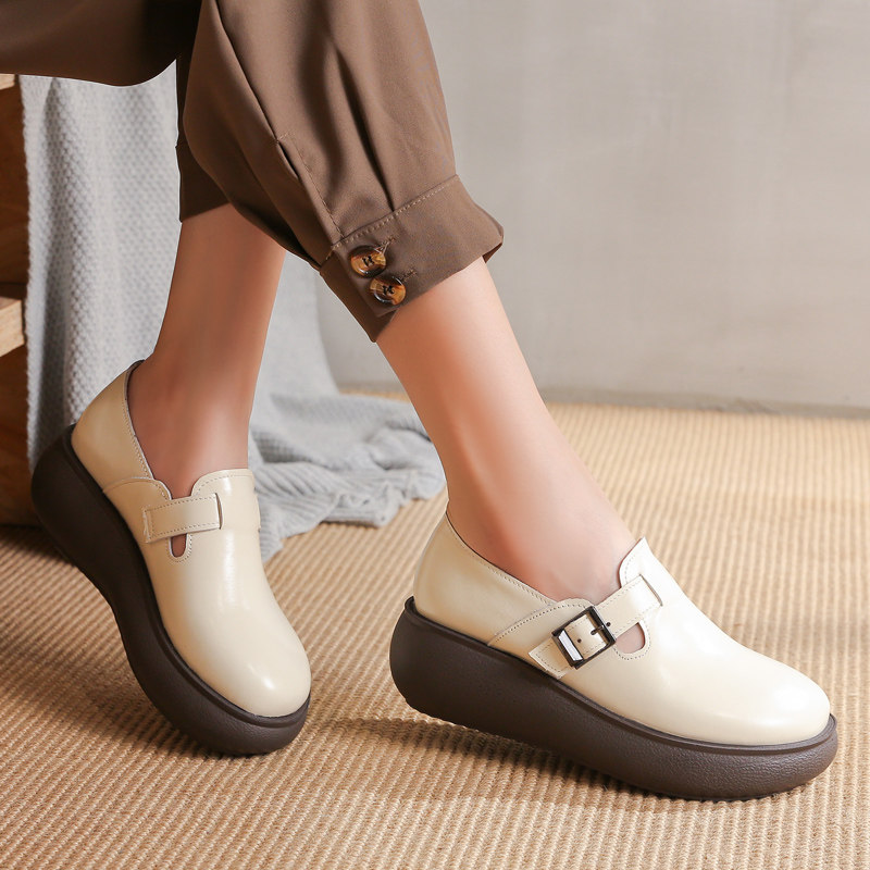 里外全皮厚底单鞋女真皮坡跟松糕2021秋季软底单鞋
