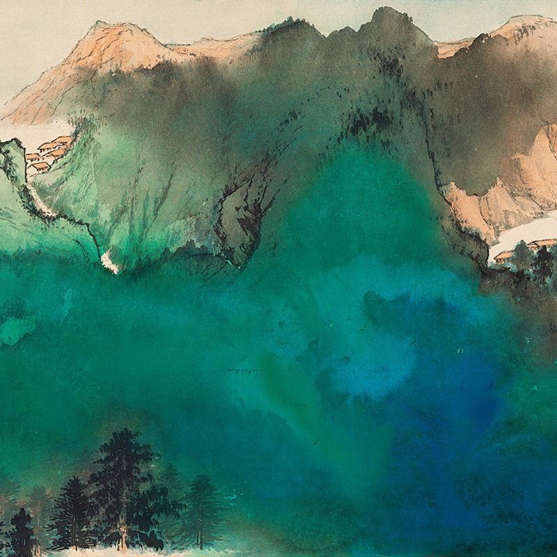 张大千山路空翠国画泼墨青绿山水画横幅字画名画国画