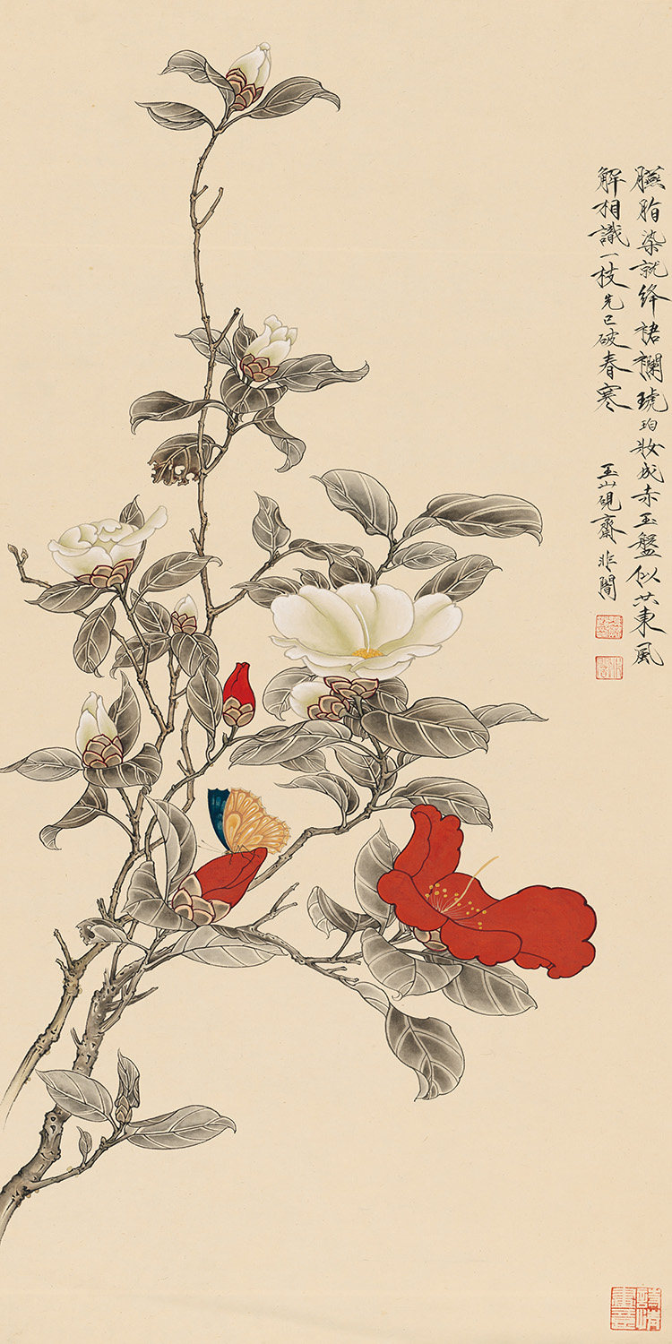 于非暗国画工笔画红白茶花花轴纸本名画复制品高清国画