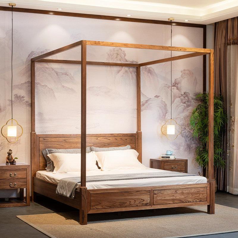 中式实木床1.8米双人床简约现代榆木床1.5米新中式纯实木床架子床