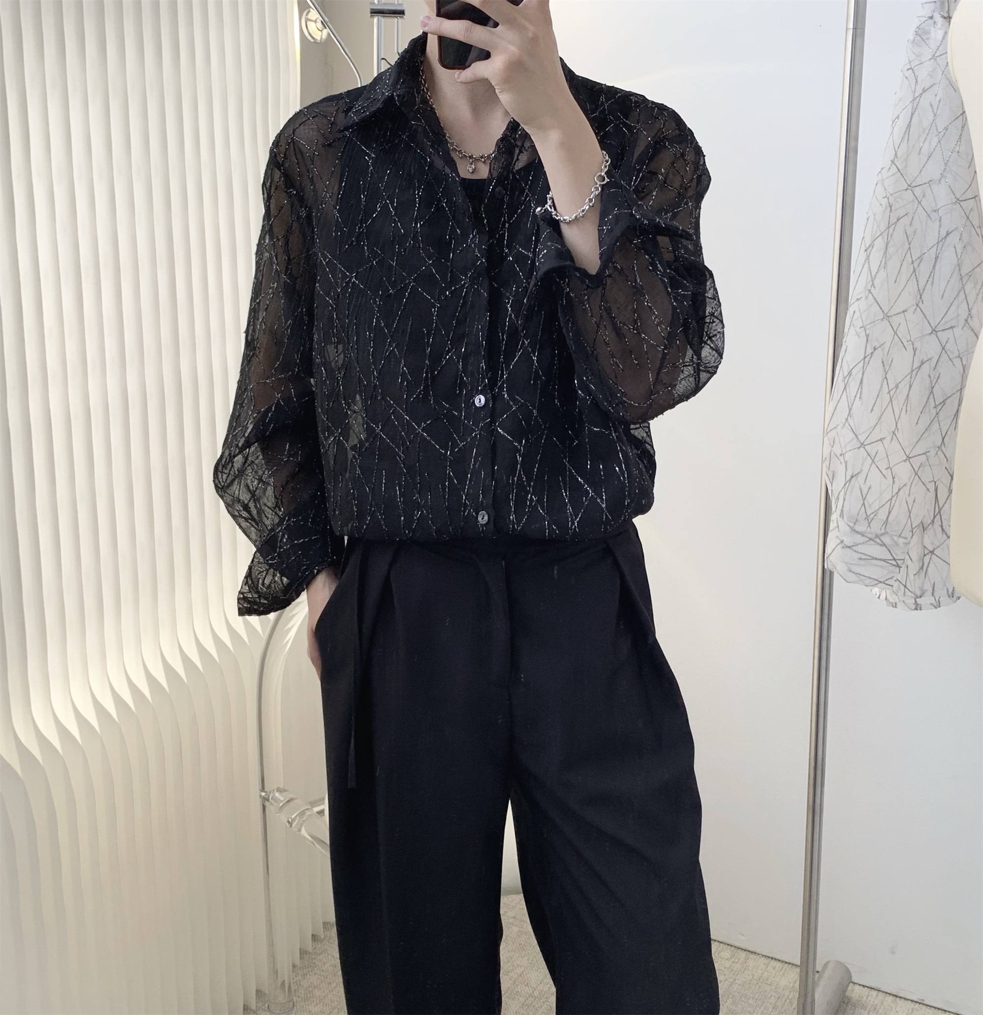 阿茶与阿古纹理提花衬衫男夏季长袖ins潮高级感休闲宽松薄款衬衣