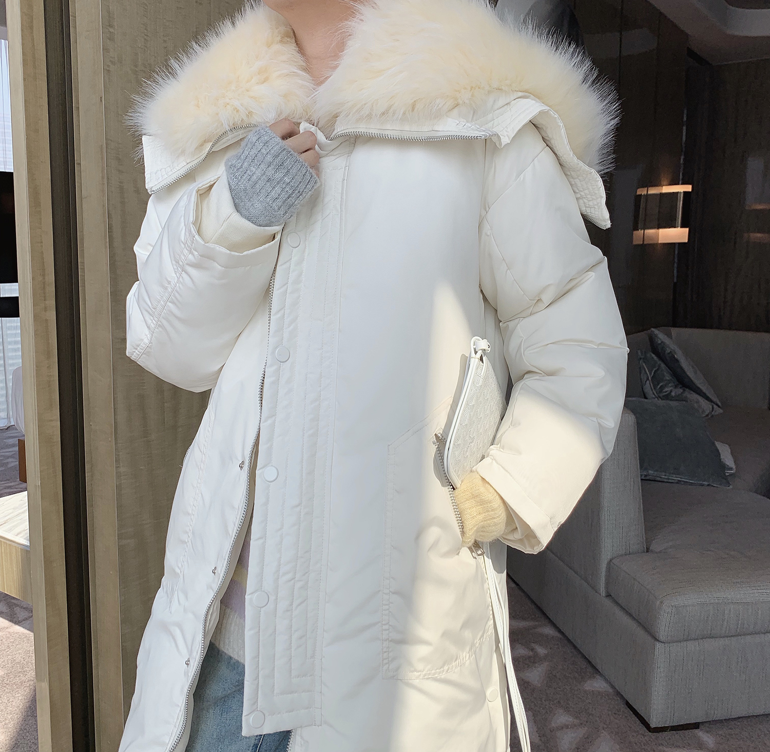 阿茶与阿古白色大毛领棉衣男中长款潮流新款宽松冬季棉服外套