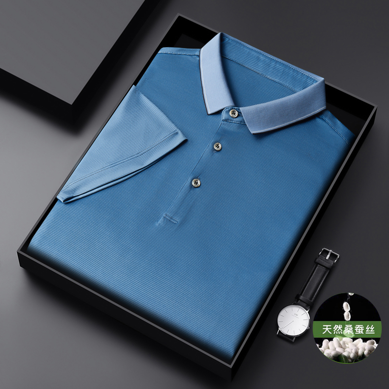 100%桑蚕丝短袖t恤男中年父亲冰丝polo衫真丝上衣爸爸夏装体恤男