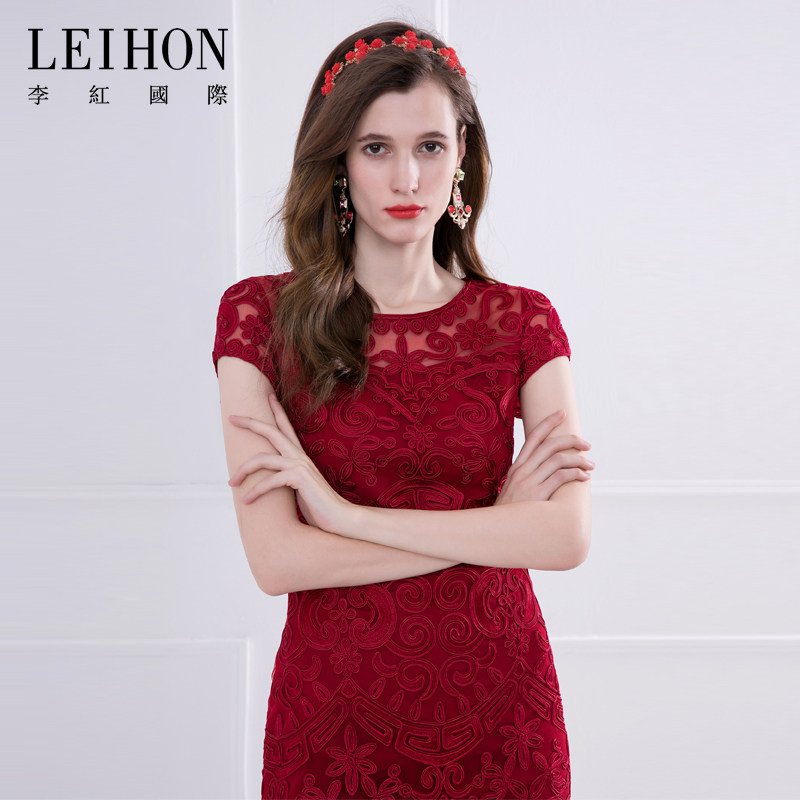 leihon/李红国际夏季宴会红色蕾丝裙花苞袖鱼尾边连衣裙女
