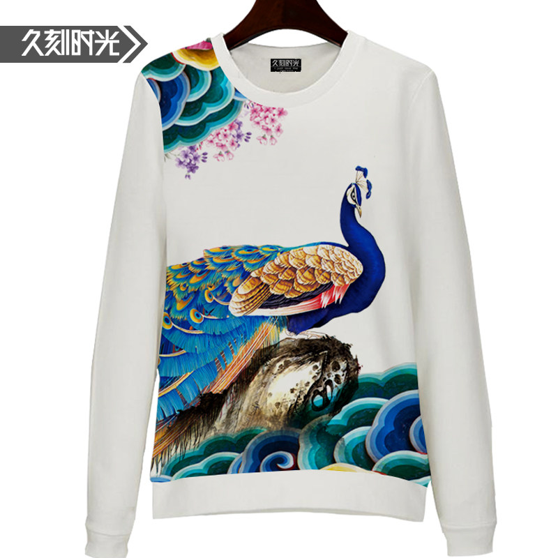 大码孔雀印花春秋秋冬圆领卫衣民族风男装衣服卫衣