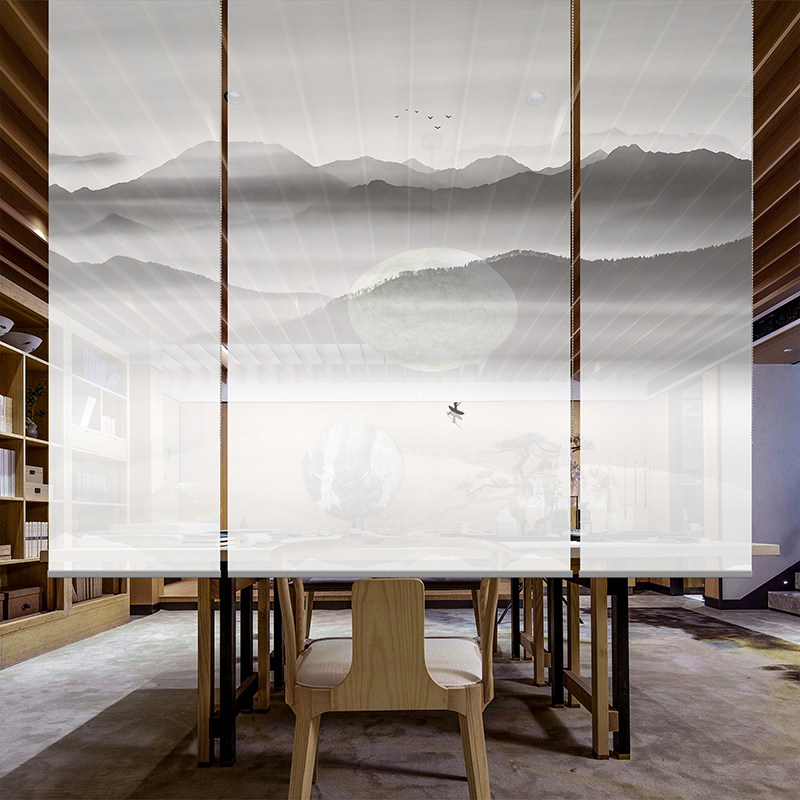 卷帘新中式屏风玄关客厅布艺隔断挂式窗帘半透明卷帘