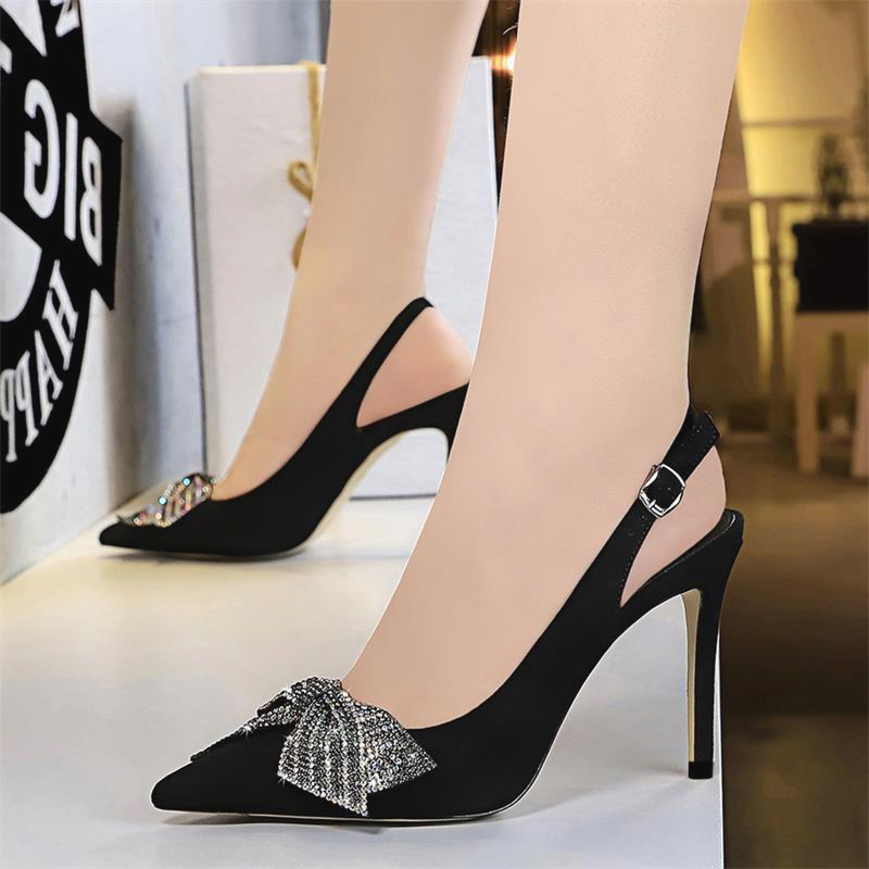 礼服高跟鞋大码细跟尖头水钻气质宴会鞋浅口一字时装凉鞋