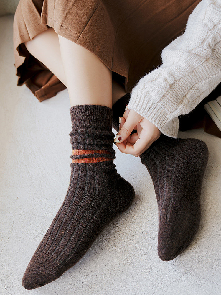 4双女士纯棉加厚日系高筒堆袜子时尚简约纯色条纹长筒袜