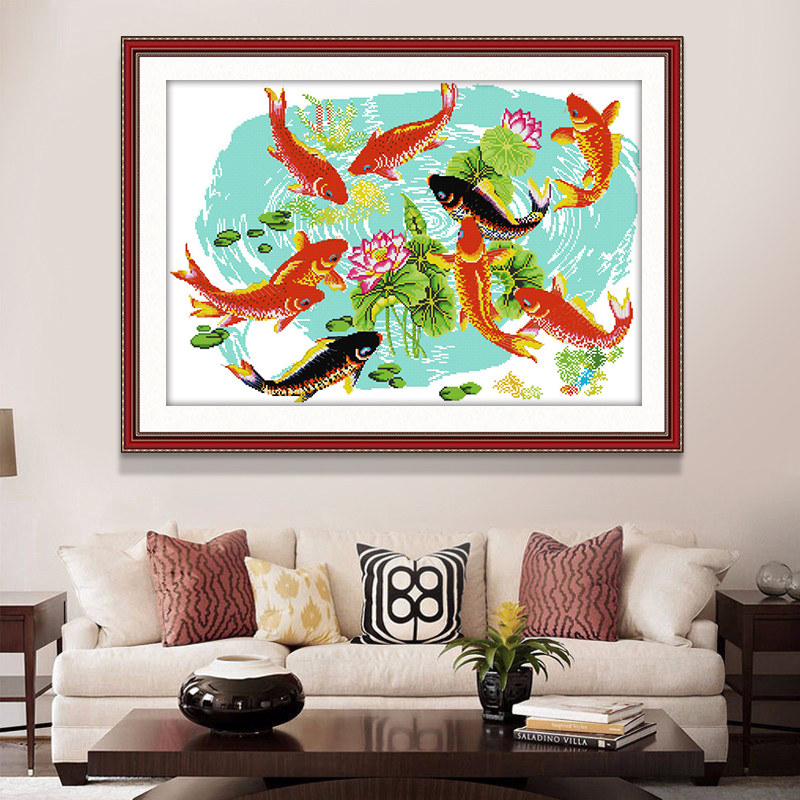 九鱼风水招财十字绣线绣九条鱼荷花年年有鱼客厅聚财十字绣套件