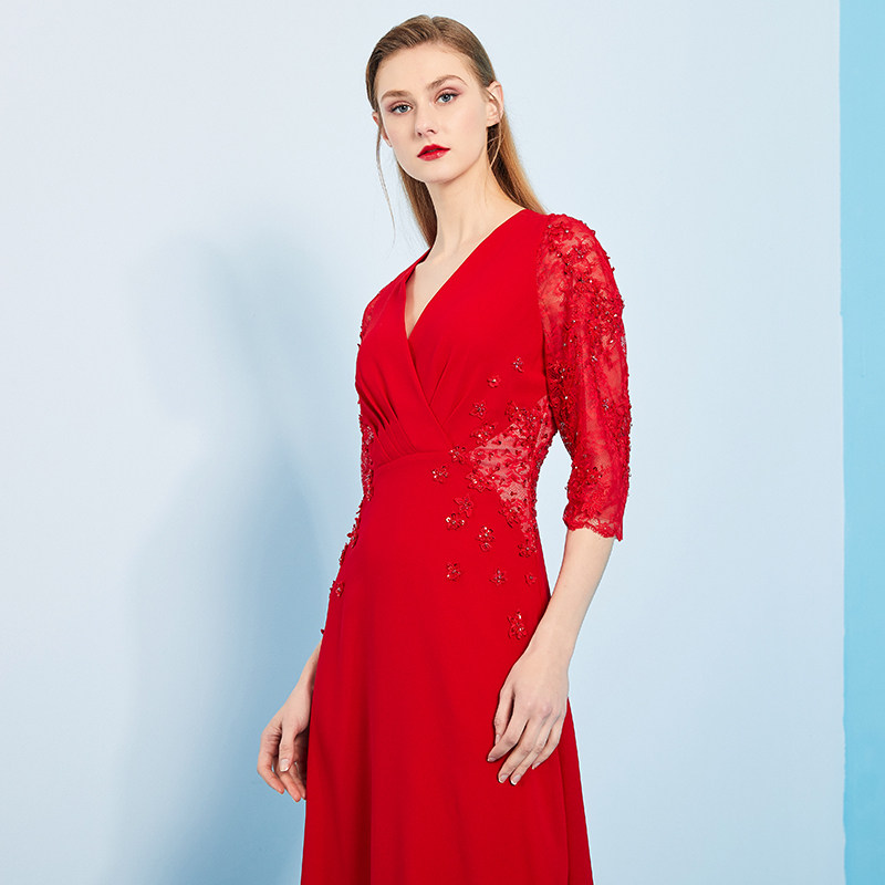 马天奴2020春夏新款v领五分袖长款及踝红色连衣裙礼服