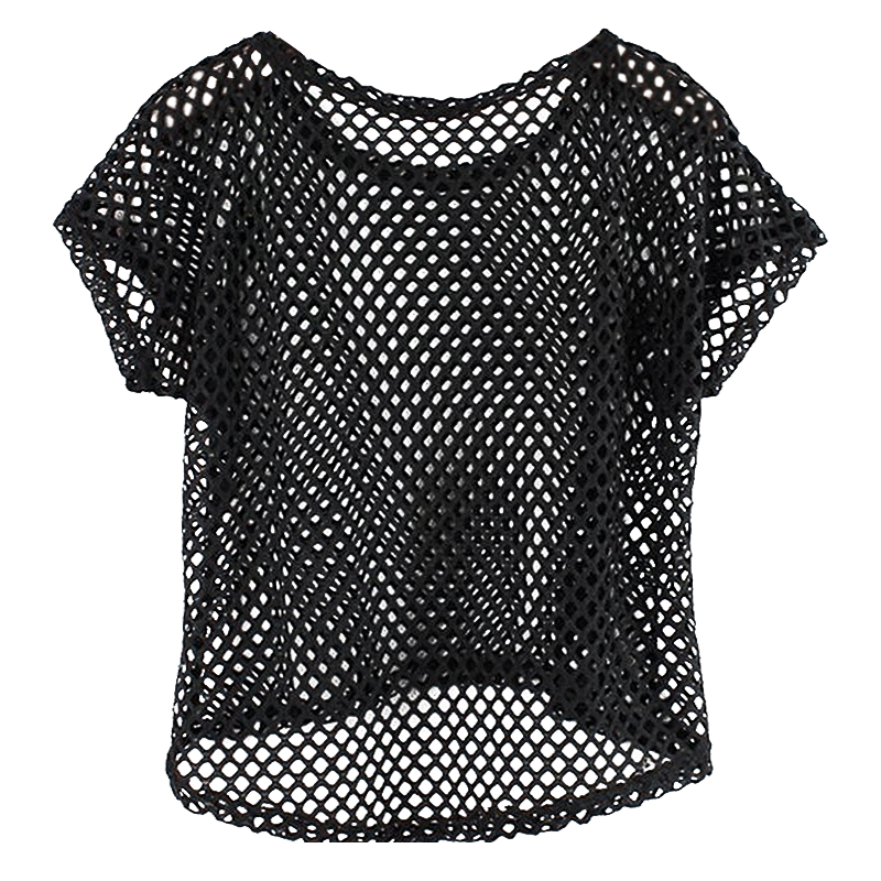 夏季上衣罩衫镂空渔网蕾丝宽松套头新款短袖t恤