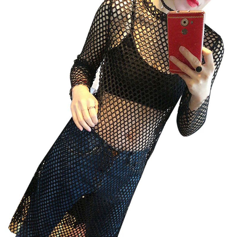 网眼衫女韩版大女装渔网长款网格破洞罩衫透视蕾丝衫