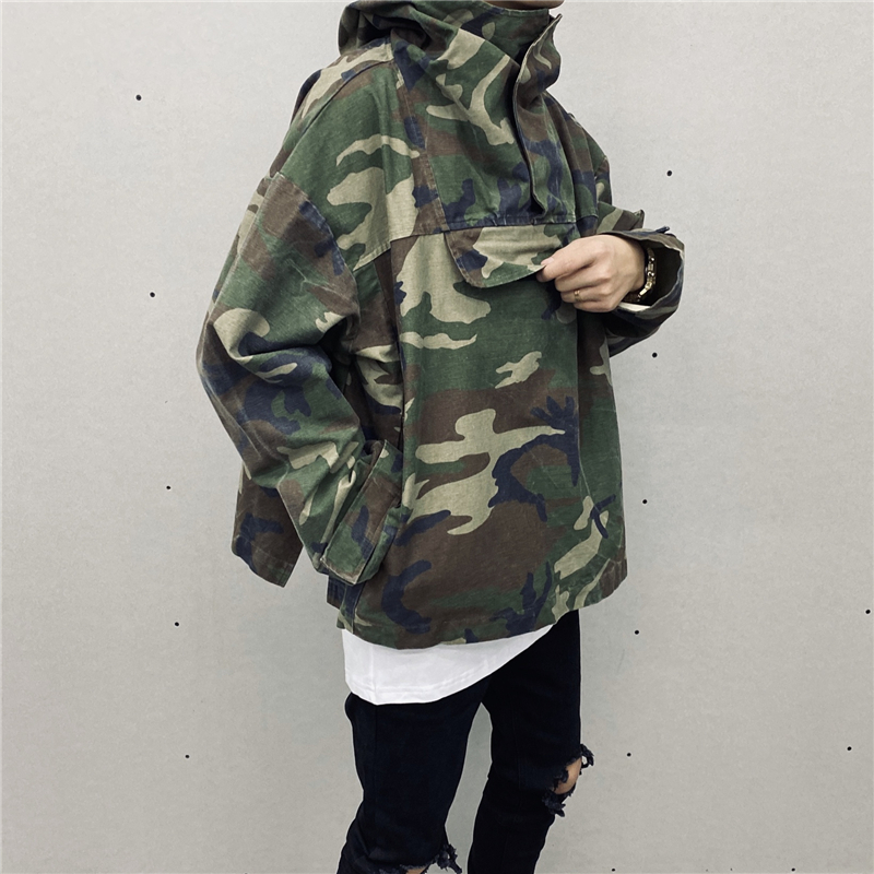 欧美高街INS风迷彩工装外套男街头宽松连帽冲锋衣休闲短款夹克潮