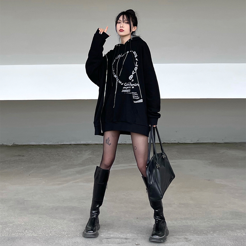 幽灵少女oversize黑色卫衣女加绒连帽冬长款遮屁股幂式穿搭甜辣酷