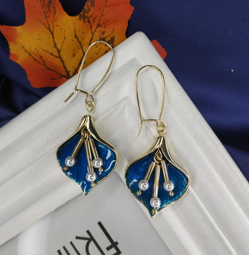 欧美饰品宫廷巴洛克复古珐琅耳环蓝色耳钩扇形耳环