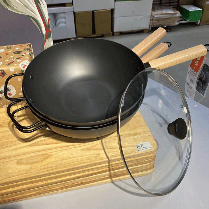 ikea32cm碳钢家用电磁宜家燃气菜锅炒菜中式炒锅