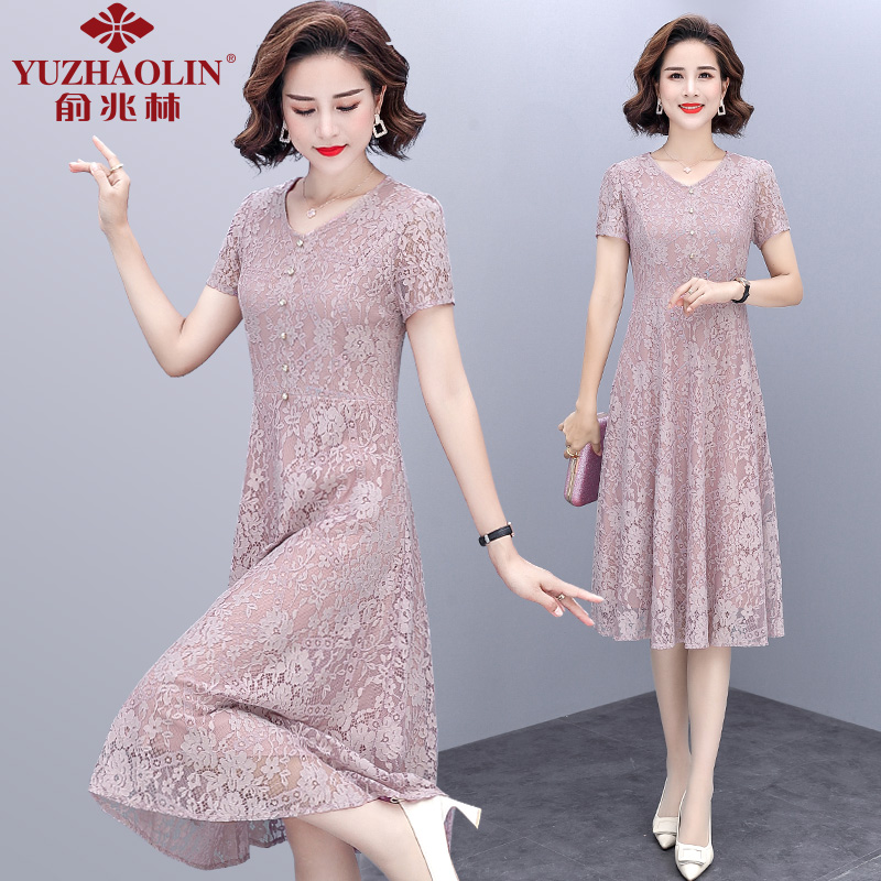 年轻妈妈夏季连衣裙洋气中年妇女夏装中老年女装短袖蕾丝裙子高贵
