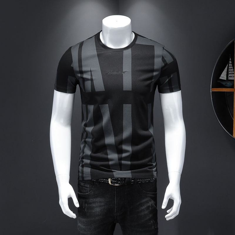 欧洲站夏季男士丝光棉短袖t恤青年修身潮流个性印花半袖透气薄款