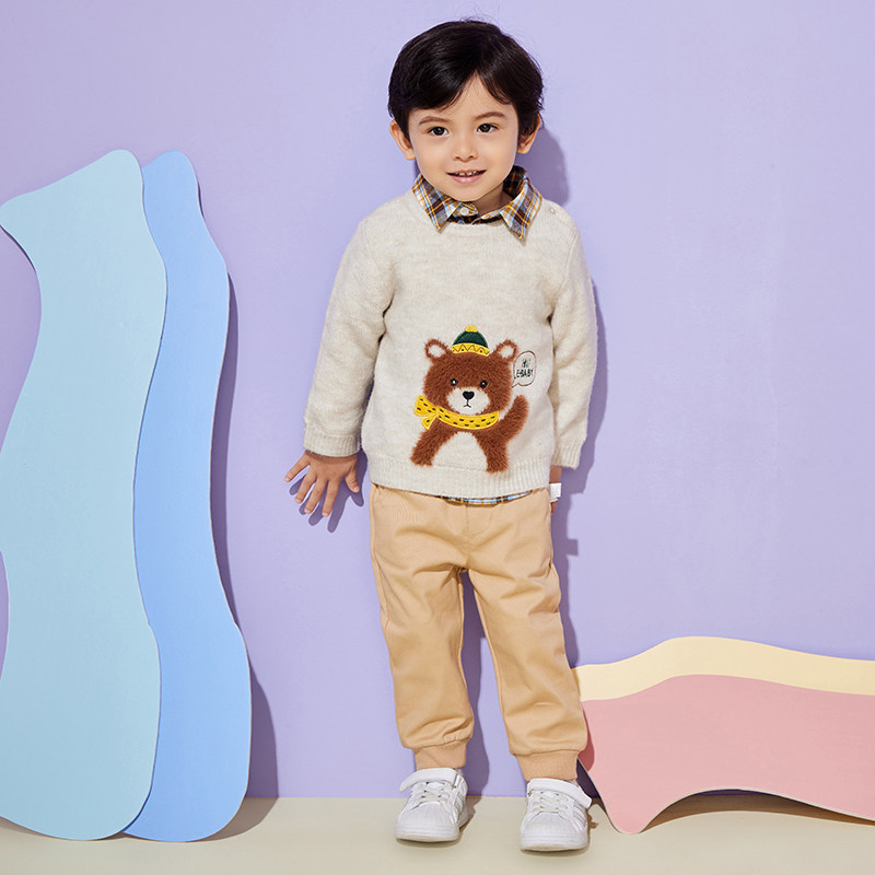 elandbaby衣恋婴童秋冬新品男宝宝休闲卡通小熊圆领毛衣