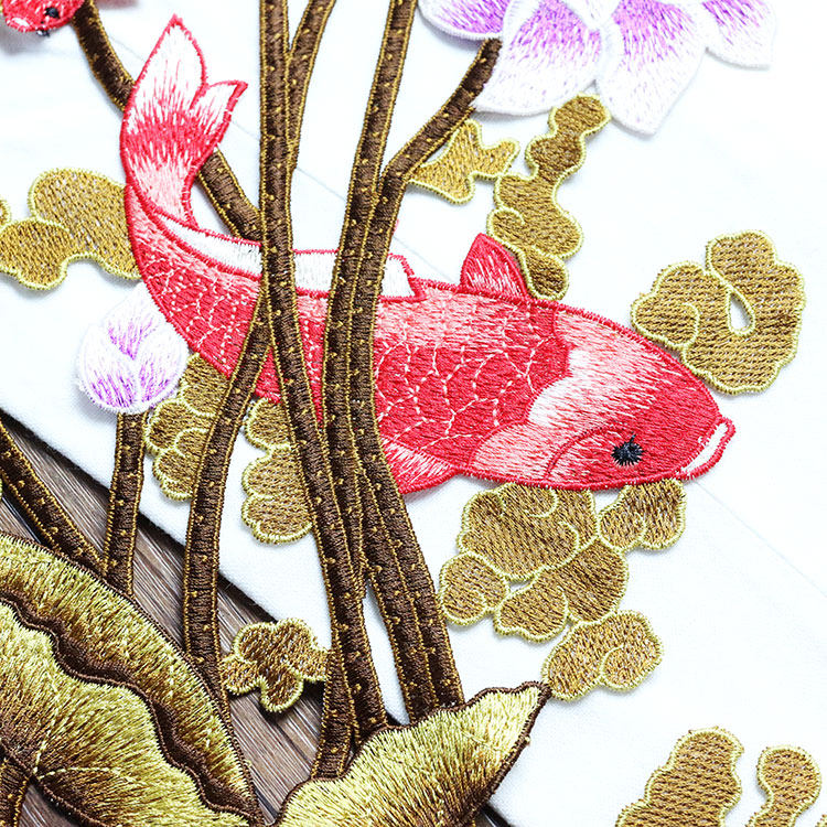 荷花鲤鱼刺绣大号布贴旗袍中式婚纱修补装饰布贴