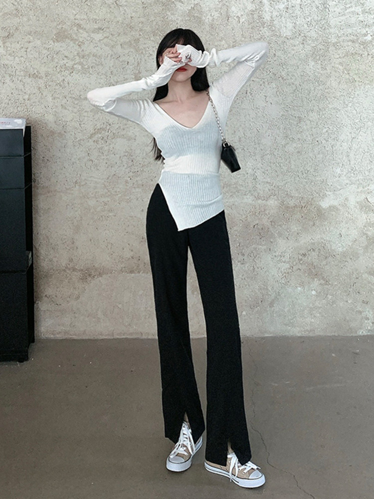 大码直筒开叉阔腿裤女梨形身材穿搭mm高腰大码女装