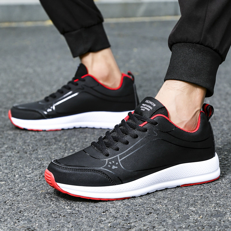 黑色皮面防水新款男士休闲鞋秋季学生鞋子跑步鞋 - 回力运动鞋直销店