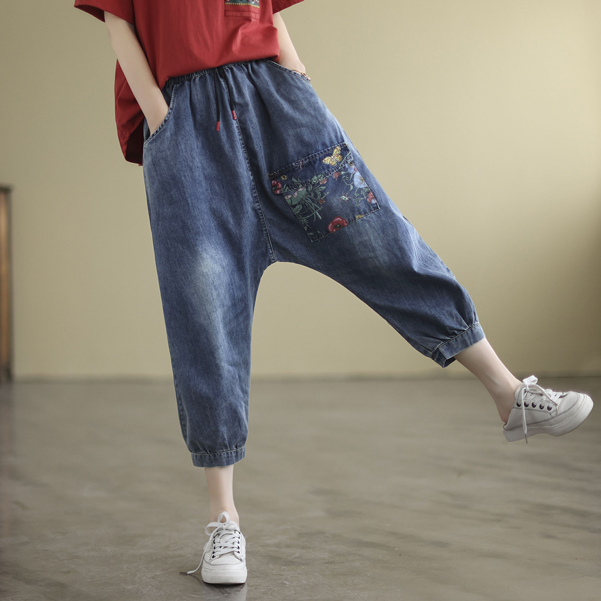 代勒七分垮裤大裆个性宽松女士牛仔裤原创全棉牛仔裤