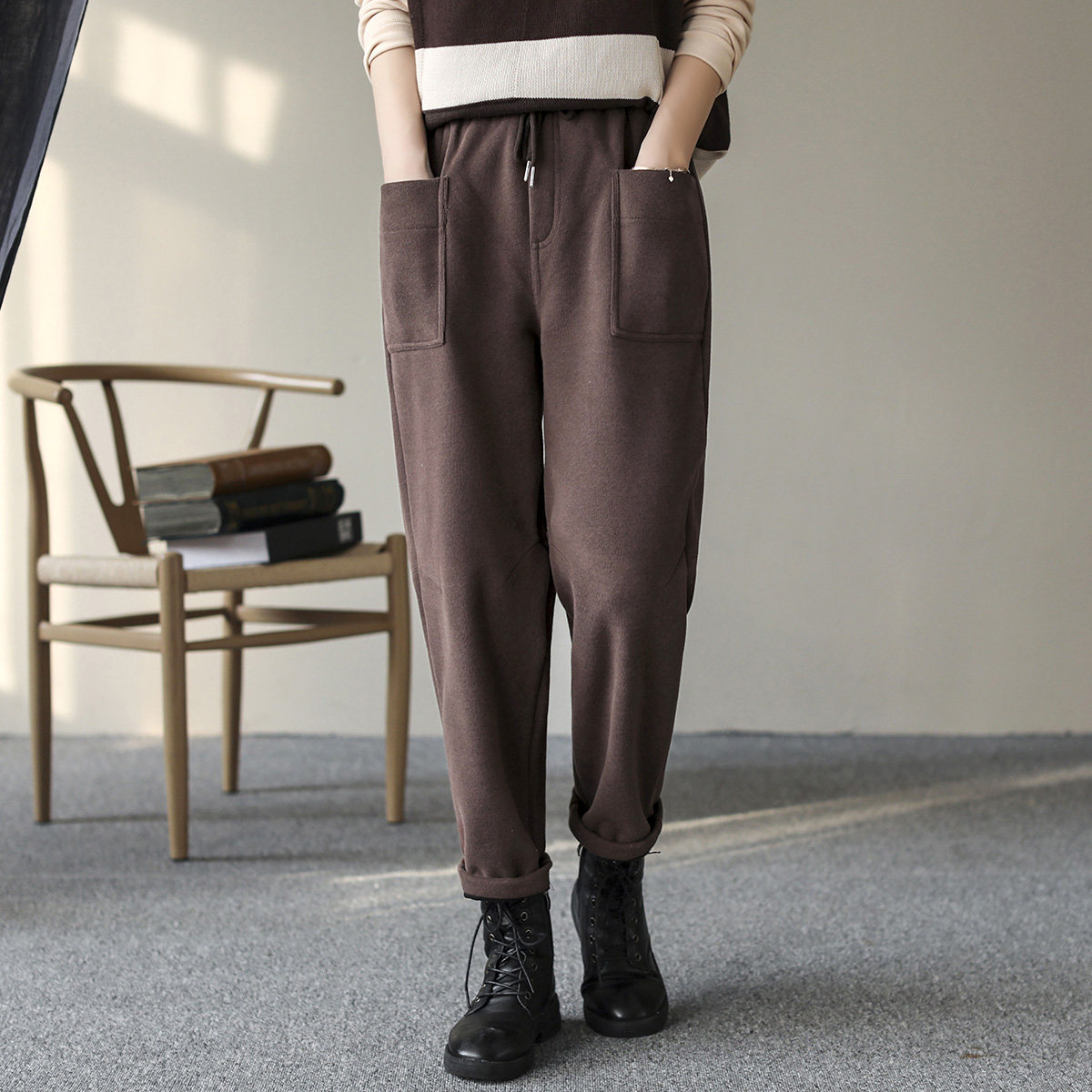 代勒棉质纯色色加哈伦裤女2020冬季新款复古休闲裤