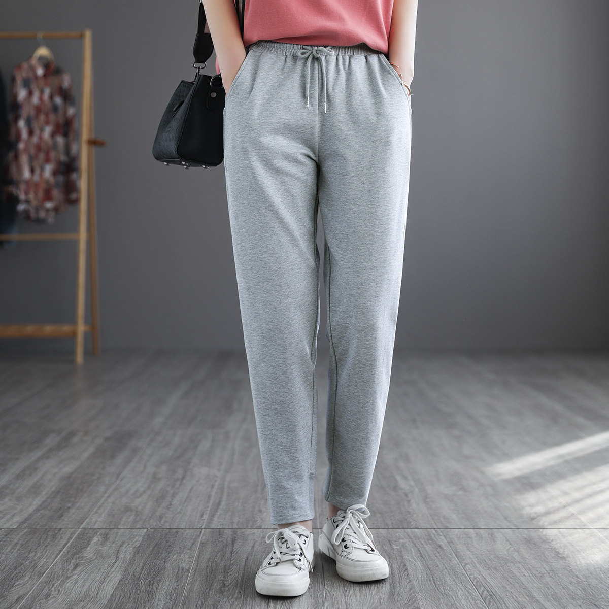 代勒春季新款全棉纯色休闲卫裤女士复古文艺卫裤