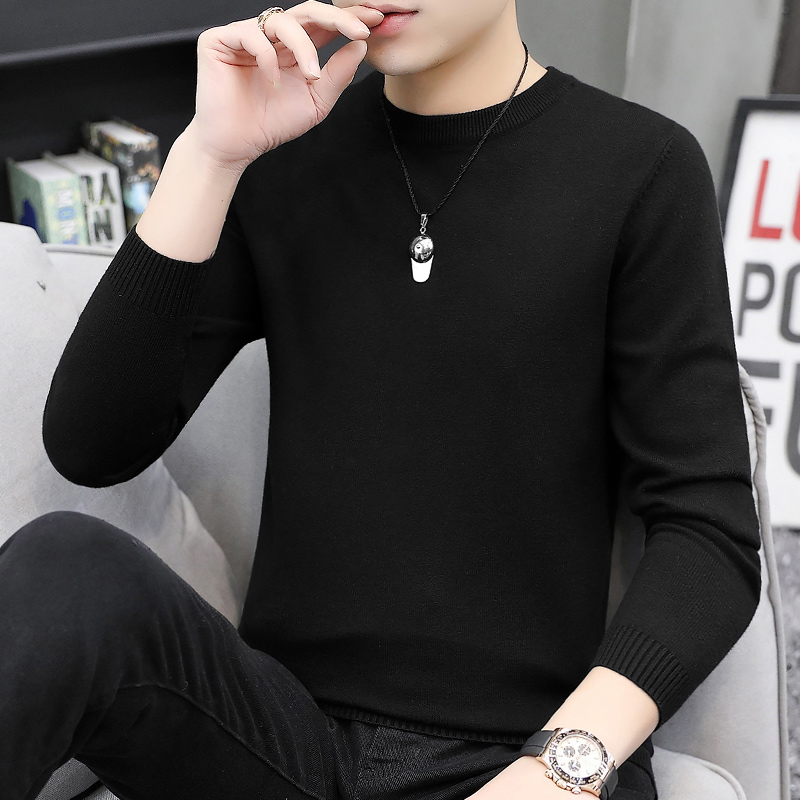 毛衣男圆领黑色纯色春秋款打底衫加厚加绒秋冬季内搭毛线衣针织衫