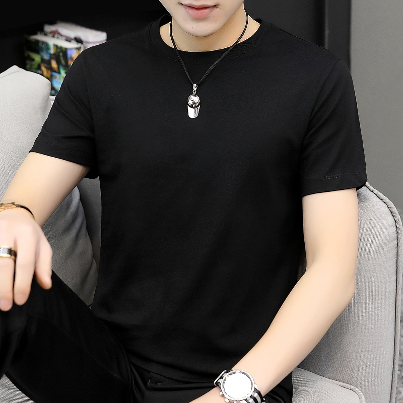 夏季男短袖t恤纯棉圆领纯色宽松夏装上衣服潮牌潮流黑色全棉半袖