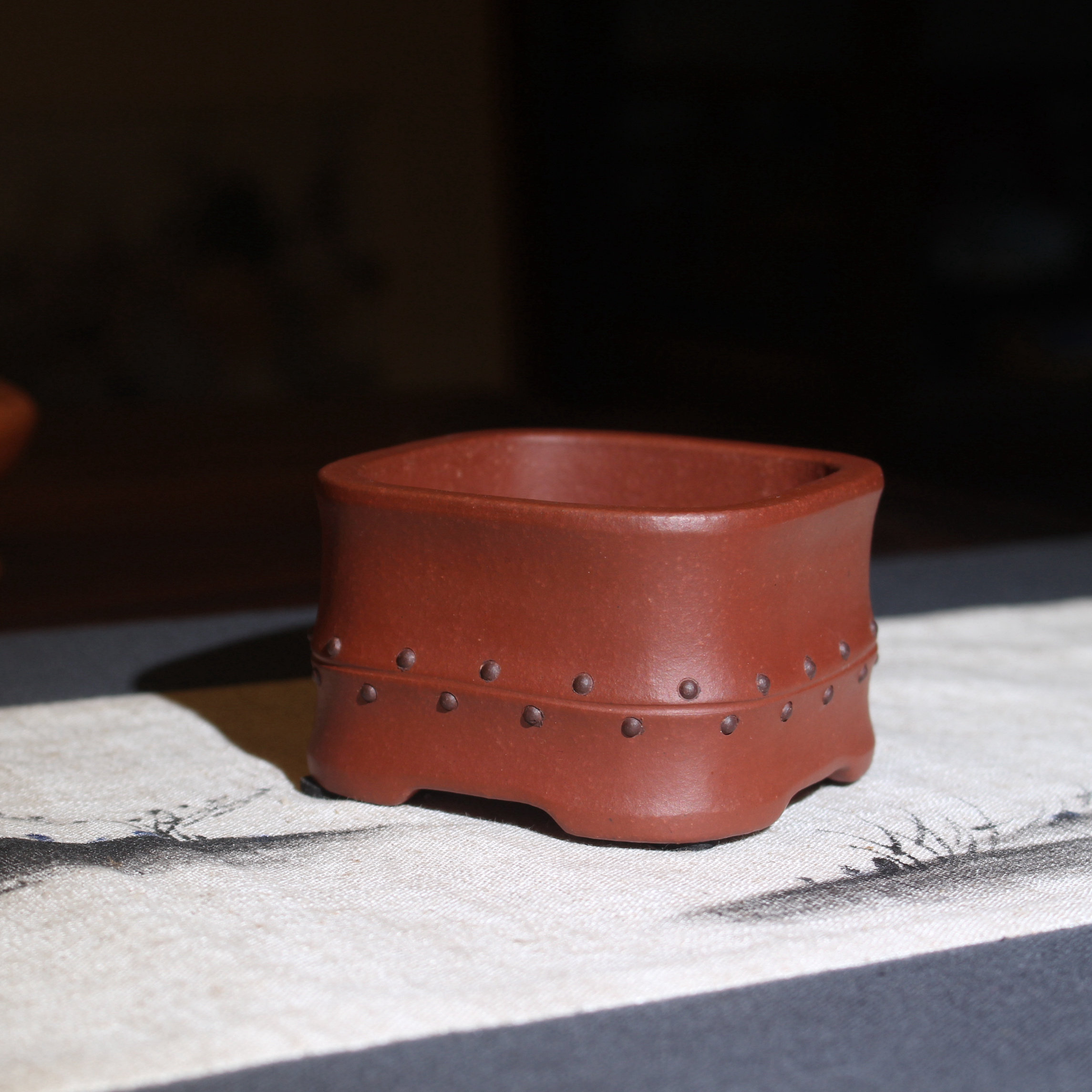 竹节四方鼓钉盆吴化明紫砂花盆名家精品盆景兰花花盆