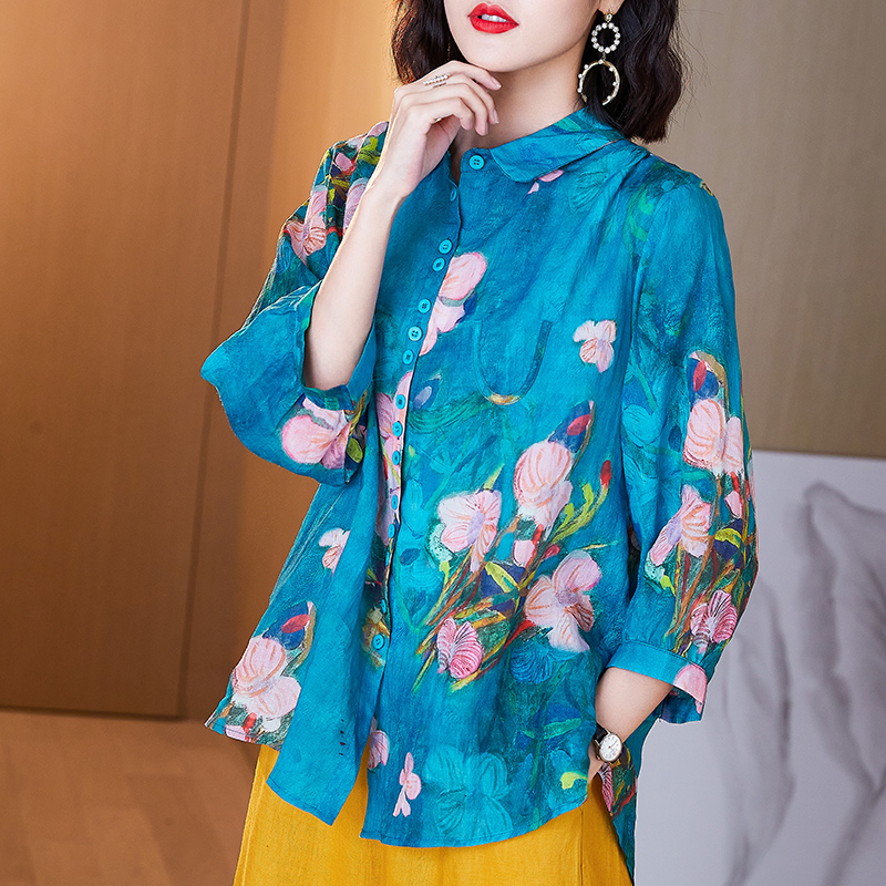 大码女装高端纯苎麻亚麻衬衫女春夏季胖MM贵夫人遮肉碎花上衣