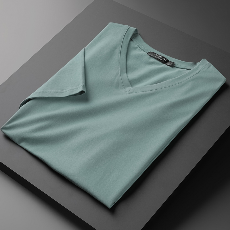 丝光棉纯色男士短袖t恤V领夏季半袖潮流鸡心领冰丝打底衫青年休闲