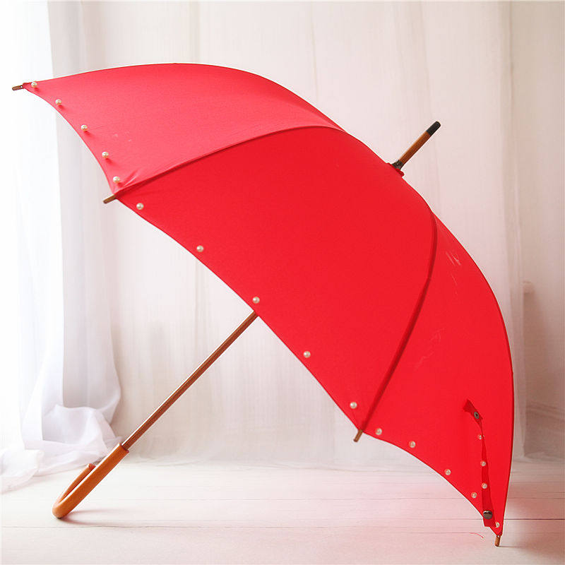 沛欣洋伞红色宫廷公主长柄伞木柄复古手工珍珠伞