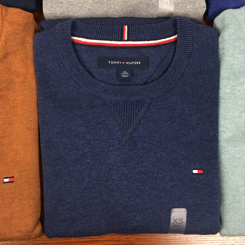 美国TOMMY HILFIGER汤米圆领毛衣男士春季长袖纯色套头纯棉针织衫